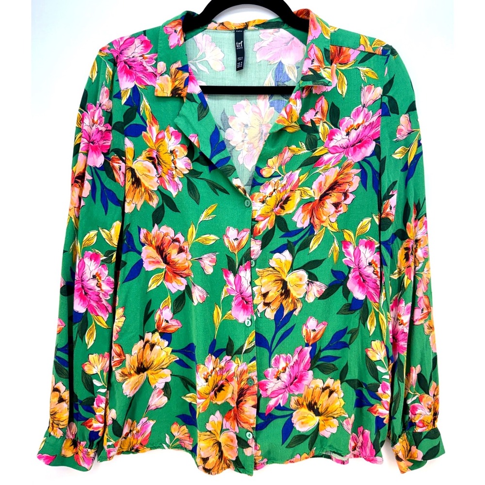 Floral Button Front Blouse Sz M Green‎ Bloomcore Cottagecore Garden Party Zara